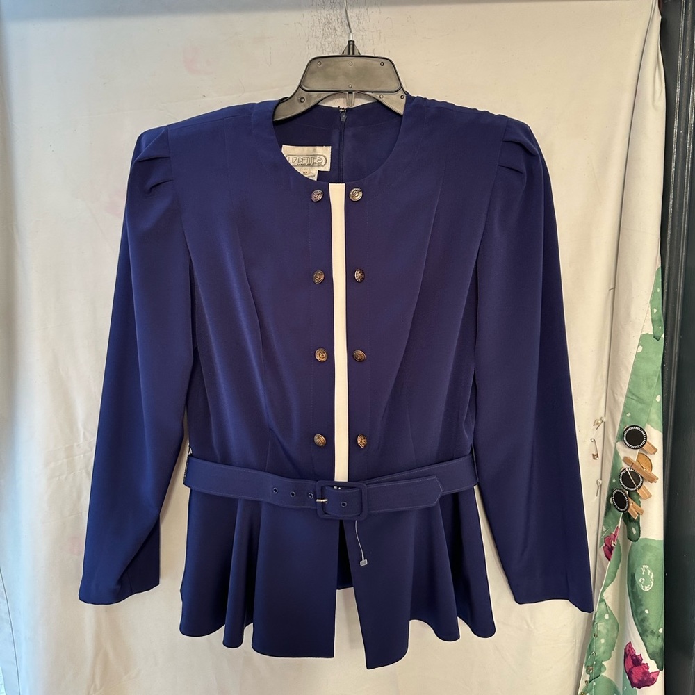 Liz Petites by Mary Ann Lamonte Royal Blue Belted Zipper Blazer Jacket Size 10